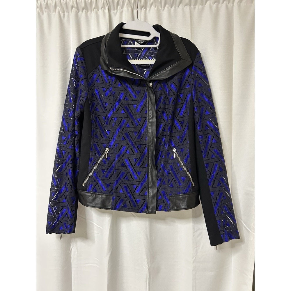 INC INT Concepts Faux Leather Geometric Lace Moto Zip Up Jacket Black Womens M